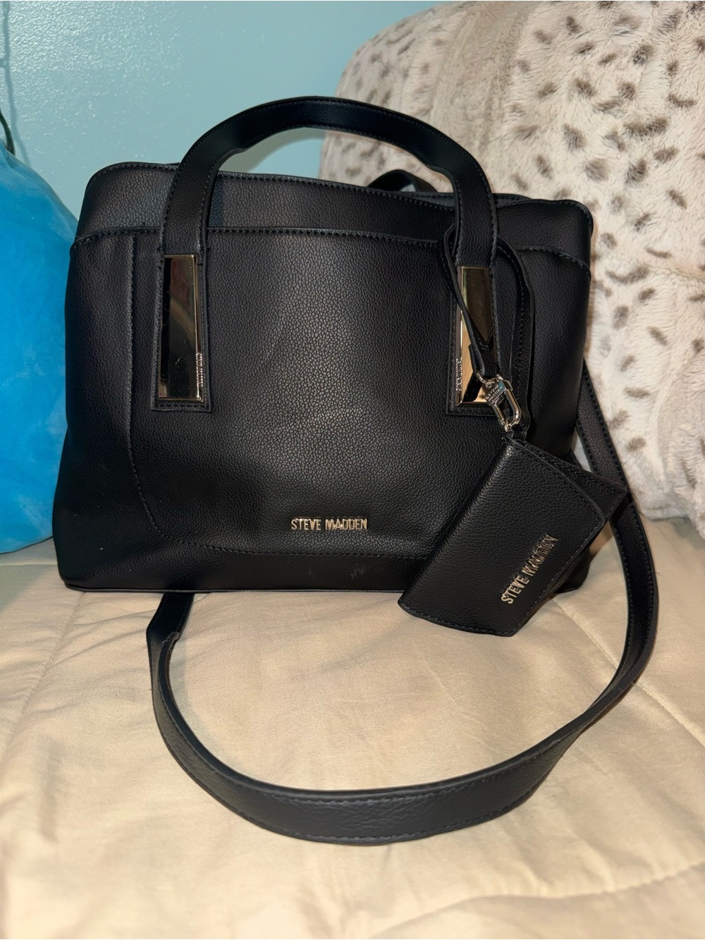 Steve Madden Black Pebbled Leather Satchel with Gold Accents